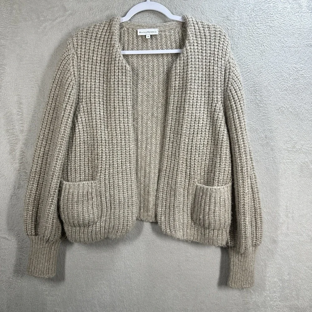 White + Warren Plush Alpaca Blend Open Jacket Sweater Oat Straw Sz M Chunky Knit